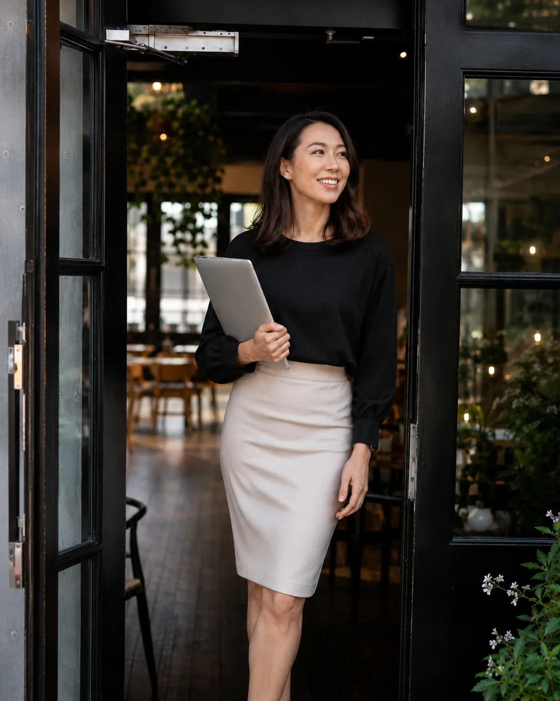Capital Unique — an Asian female executive stepping out of a cafe doorway holding a tablet.