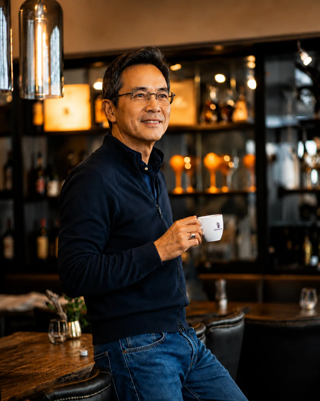 Capital Unique — a mature Asian male executive in a warm timber bar interior, holding a small espresso.