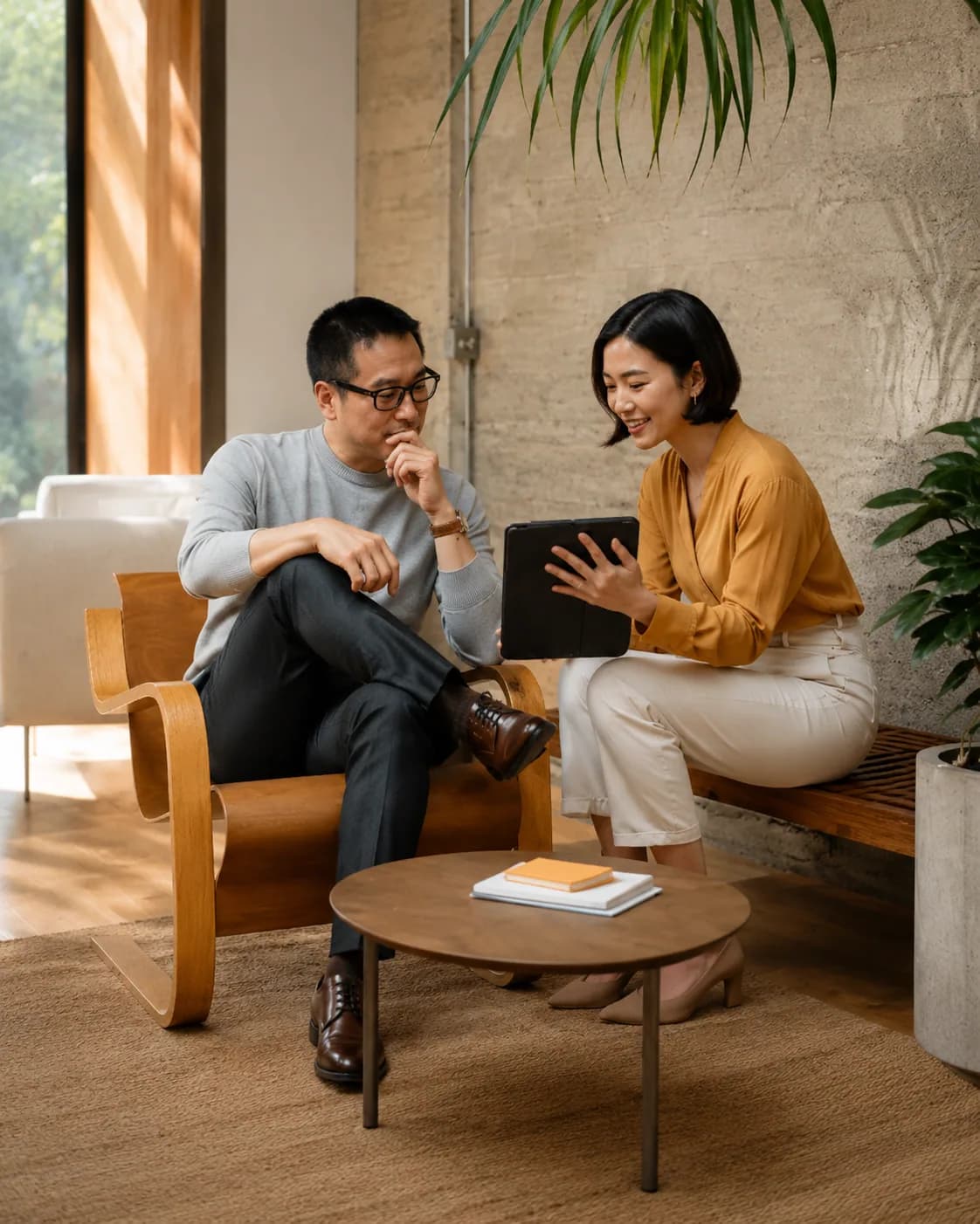 Capital Unique — an Asian couple reviewing a tablet together on a wooden bench, plants behind.